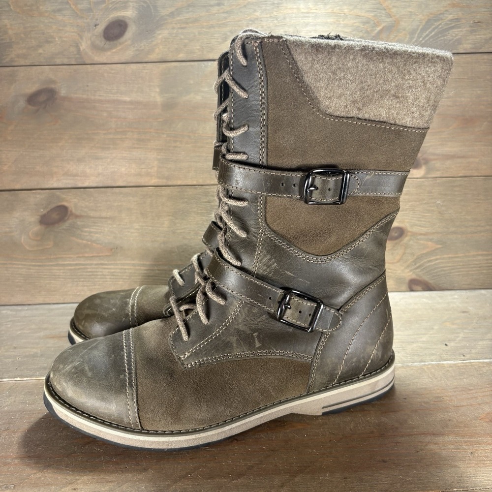 LL Bean Womens size 7.5 shoes Brown Leather Buckle Fleece Cuff Moto Boots